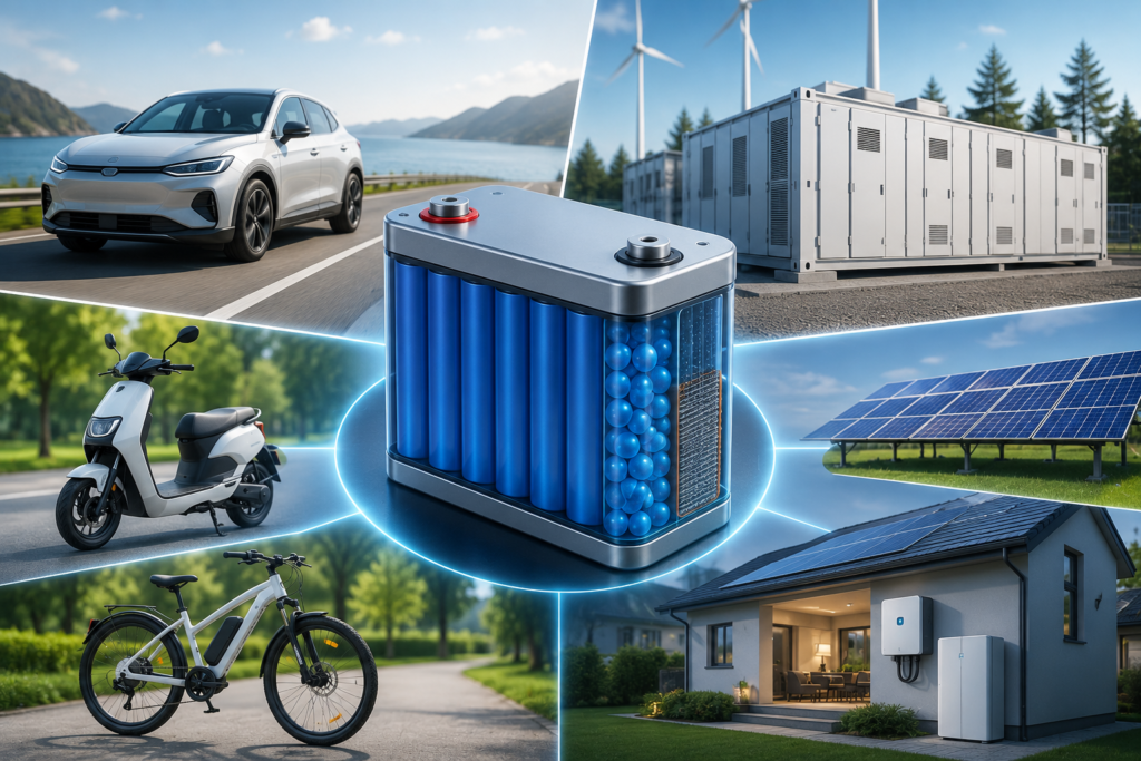 Illustration of sodium-ion battery technology powering electric vehicles, electric scooters, e-bikes, grid-scale energy storage, solar energy systems, and residential backup power without text.