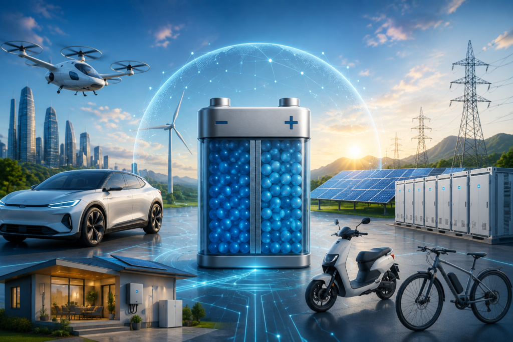 Futuristic illustration of sodium-ion battery technology powering electric vehicles, renewable energy systems, smart power grids, home energy storage, and sustainable transportation in a clean energy future.