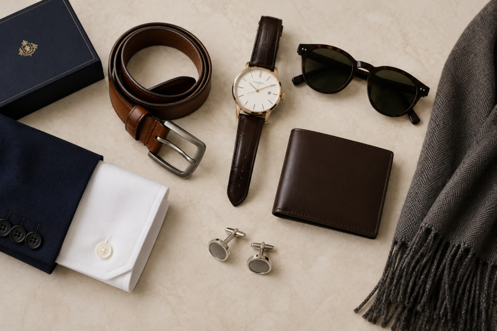 A luxury flat lay of timeless men's accessories including a leather belt, classic wristwatch, leather wallet, sunglasses, minimalist cufflinks, and a wool scarf arranged on a neutral surface, showcasing the old money aesthetic