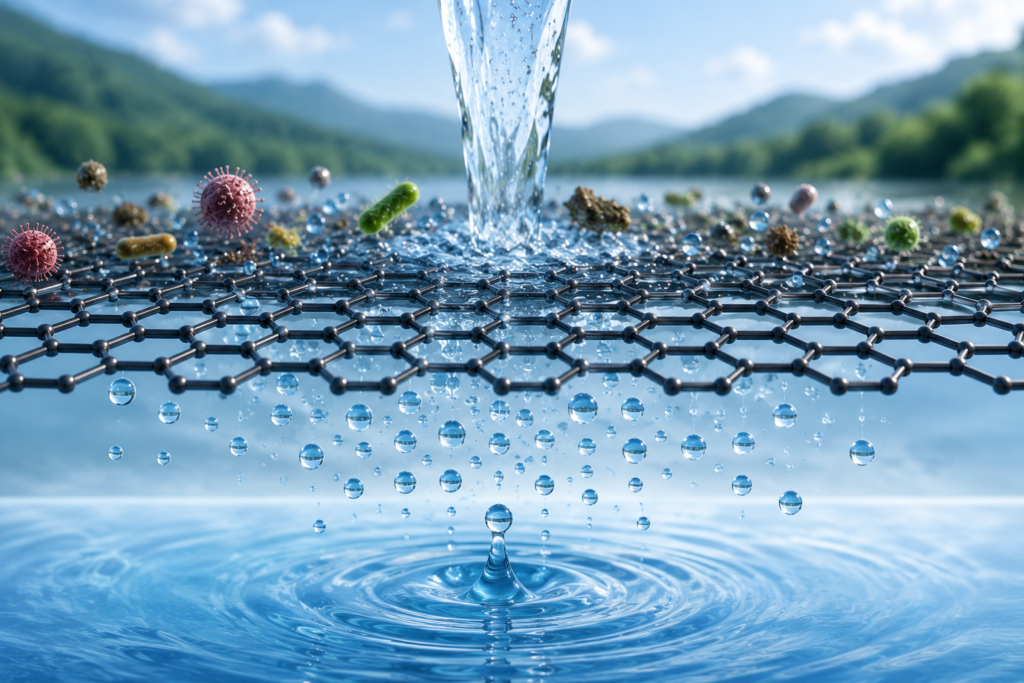 Photorealistic illustration of graphene water filtration technology showing contaminated water passing through a graphene membrane while bacteria, viruses, and pollutants are blocked, producing clean and purified water.