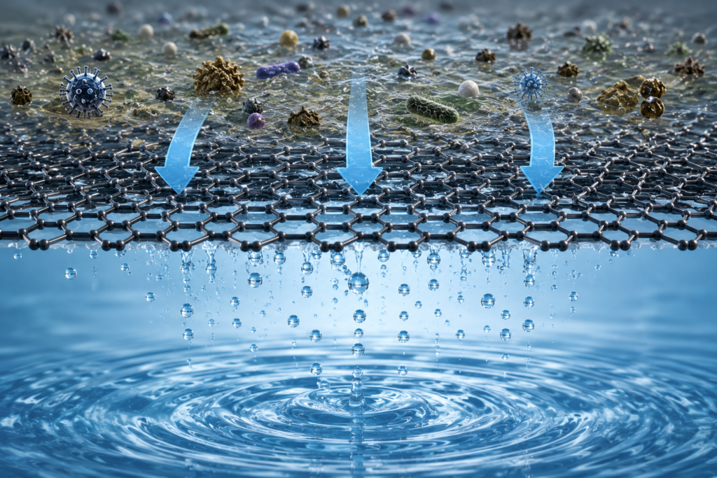 Scientific illustration showing how graphene water filtration works by allowing clean water molecules to pass through a graphene membrane while blocking bacteria, viruses, heavy metals, and other contaminants.