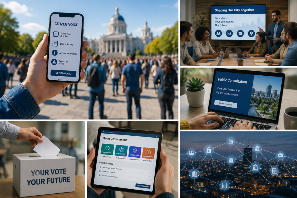 A collage showing citizens using digital platforms, online public consultations, secure voting technology, government services, and civic engagement, illustrating the future of digital democracy and citizen participation.