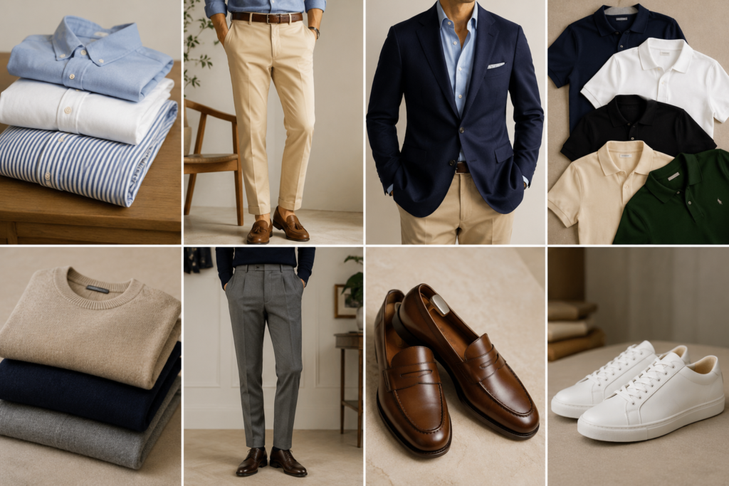 A premium flat lay featuring timeless men's wardrobe essentials, including Oxford shirts, tailored chinos, a navy blazer, polo shirts, cashmere sweaters, tailored trousers, brown leather loafers, and minimalist white sneakers in a classic old money aesthetic.