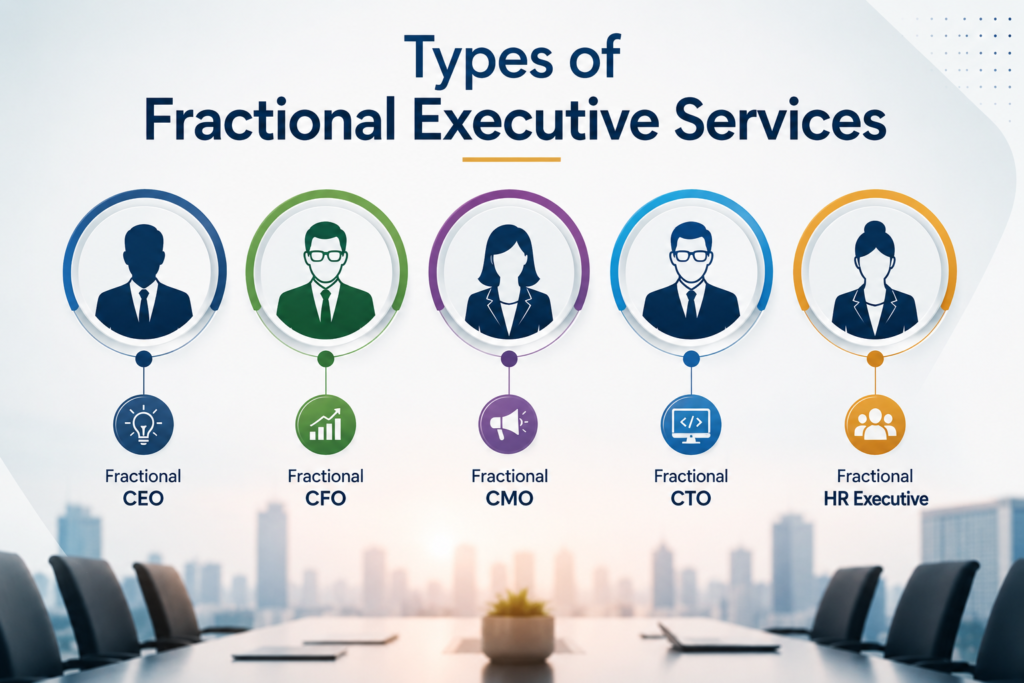 Illustration showing the main types of fractional executive services, including Fractional CEO, CFO, CMO, CTO, and HR Executive, helping businesses access flexible executive leadership