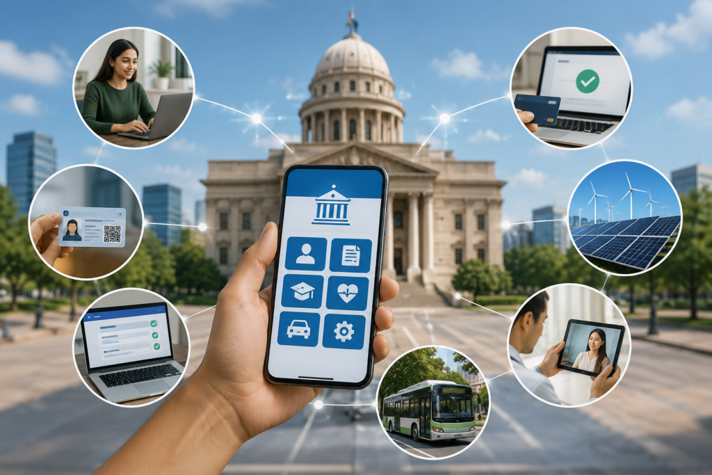 A citizen using a smartphone to access digital government services, with connected scenes showing online tax filing, digital identity verification, healthcare, public transportation, renewable energy, and secure e-governance services in a modern smart city.