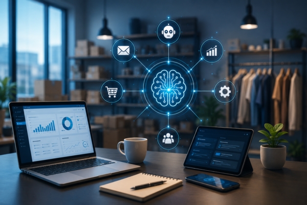 Futuristic workspace showing AI-powered business automation with digital dashboards, smart AI agents, and workflow technology for small businesses.