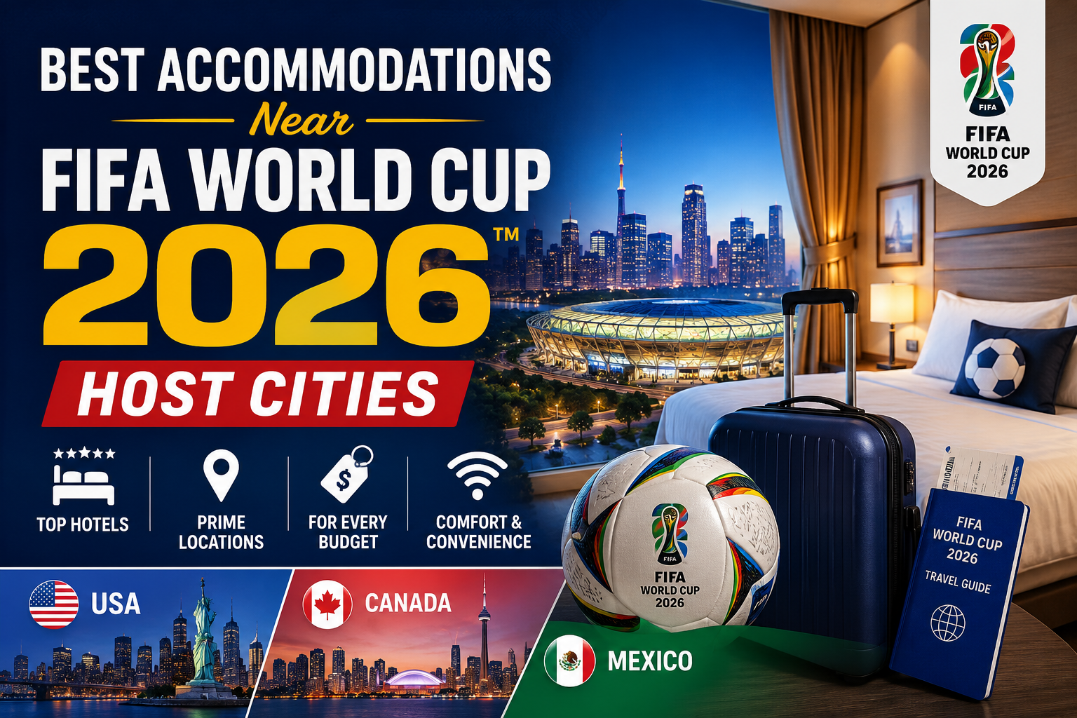 Best accommodations near FIFA World Cup 2026 host cities featuring hotels, stadiums, and travel options across USA, Canada, and Mexico.