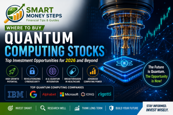Digital banner showing futuristic quantum computing technology, stock market charts, and investment concepts representing quantum computing stocks and investment opportunities in 2026.