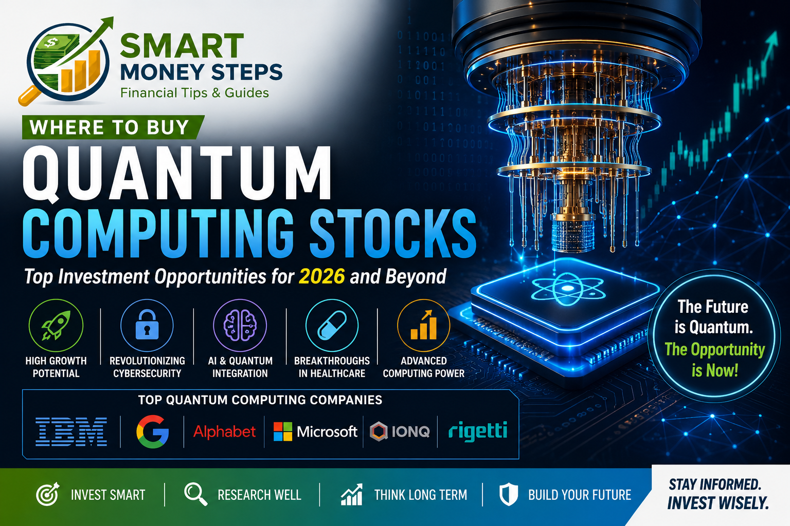 Digital banner showing futuristic quantum computing technology, stock market charts, and investment concepts representing quantum computing stocks and investment opportunities in 2026.