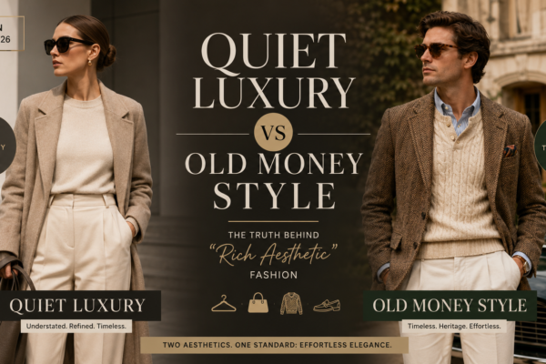 Fashion banner comparing Quiet Luxury and Old Money Style, featuring elegant neutral-toned outfits, timeless tailoring, and classic rich aesthetic fashion trends for 2026.