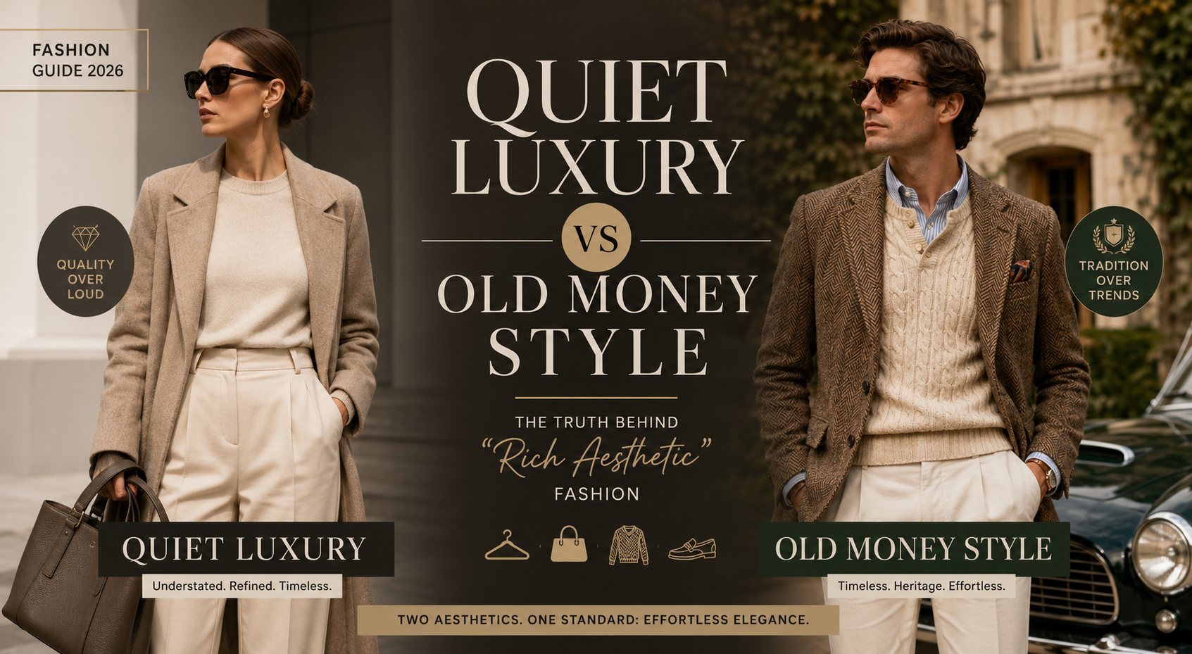 Fashion banner comparing Quiet Luxury and Old Money Style, featuring elegant neutral-toned outfits, timeless tailoring, and classic rich aesthetic fashion trends for 2026.
