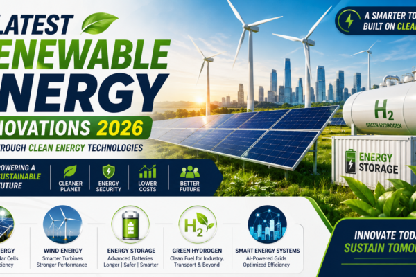 Latest renewable energy innovations 2026 showing solar panels, wind turbines, and green hydrogen technology for clean energy future