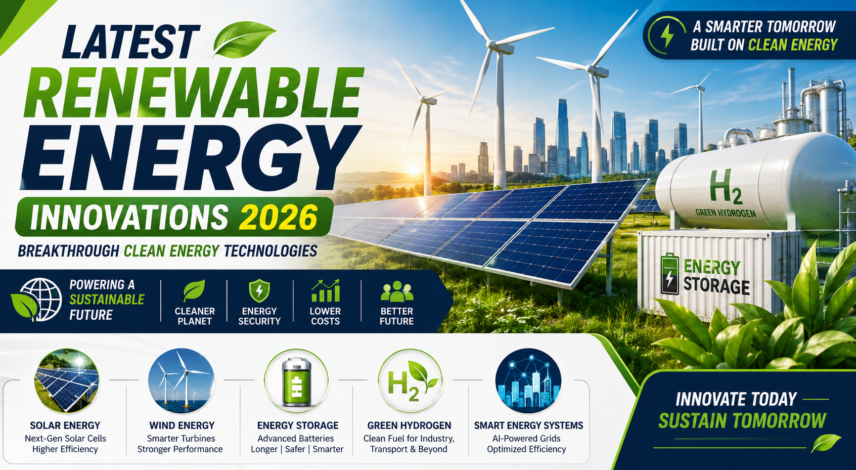 Latest renewable energy innovations 2026 showing solar panels, wind turbines, and green hydrogen technology for clean energy future