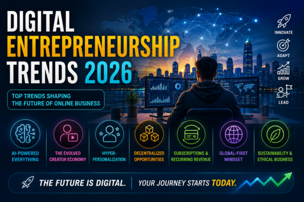 Futuristic banner featuring digital entrepreneurship trends in 2026, including AI-powered business, creator economy, hyper-personalization, decentralized opportunities, recurring revenue models, global-first mindset, and sustainable business practices.
