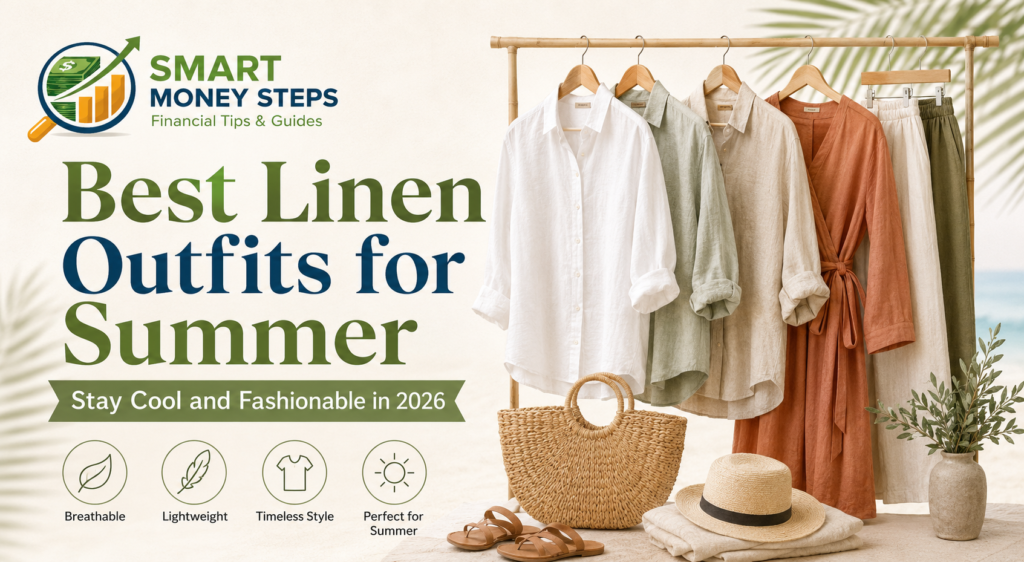 Banner featuring the Smart Money Steps logo with stylish linen shirts, dresses, and trousers in neutral summer colors, promoting the blog "Best Linen Outfits for Summer: Stay Cool and Fashionable in 2026."