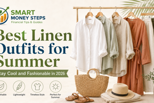 Banner featuring the Smart Money Steps logo with stylish linen shirts, dresses, and trousers in neutral summer colors, promoting the blog "Best Linen Outfits for Summer: Stay Cool and Fashionable in 2026."