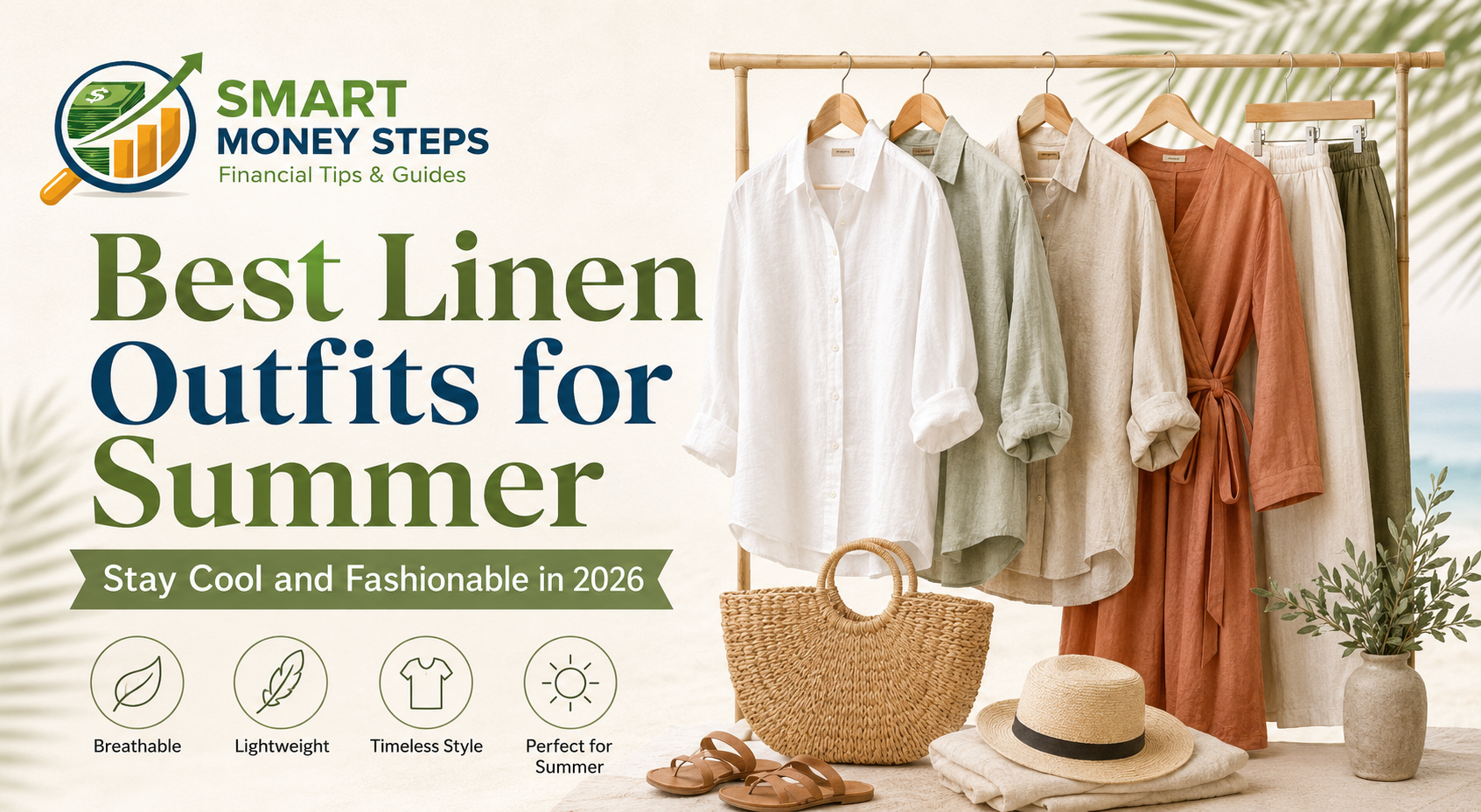 Banner featuring the Smart Money Steps logo with stylish linen shirts, dresses, and trousers in neutral summer colors, promoting the blog "Best Linen Outfits for Summer: Stay Cool and Fashionable in 2026."