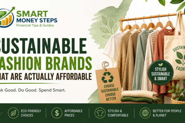 Banner featuring the Smart Money Steps logo with eco-friendly clothing, reusable tote bag, and the headline “Sustainable Fashion Brands That Are Actually Affordable” highlighting affordable, sustainable fashion choices.