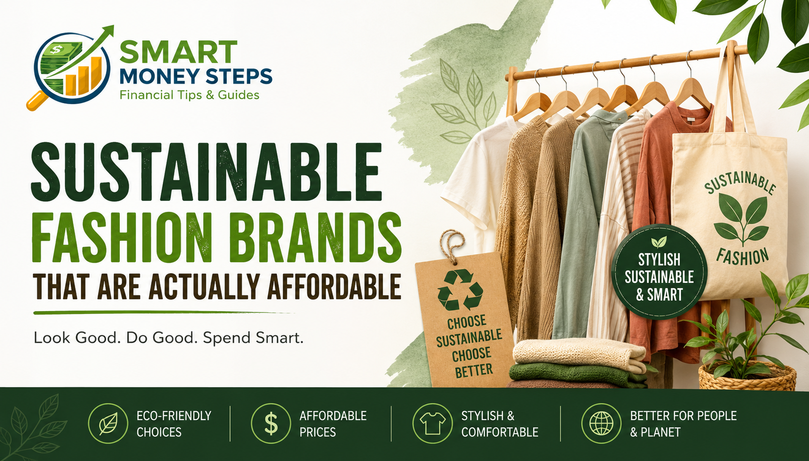 Banner featuring the Smart Money Steps logo with eco-friendly clothing, reusable tote bag, and the headline “Sustainable Fashion Brands That Are Actually Affordable” highlighting affordable, sustainable fashion choices.