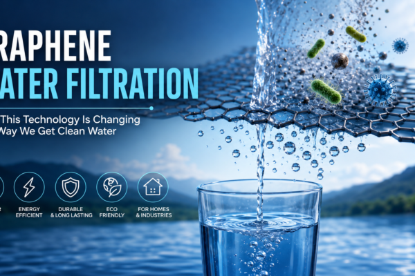 A realistic illustration of graphene water filtration technology showing contaminated water passing through a graphene membrane that removes bacteria, viruses, and pollutants, producing clean drinking water in a glass with a natural water landscape in the background.