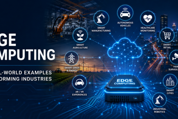 Futuristic illustration of edge computing technology connecting smart manufacturing, autonomous vehicles, healthcare, retail, agriculture, energy, smart cities, industrial robotics, video surveillance, and AR/VR through a central edge computing network.