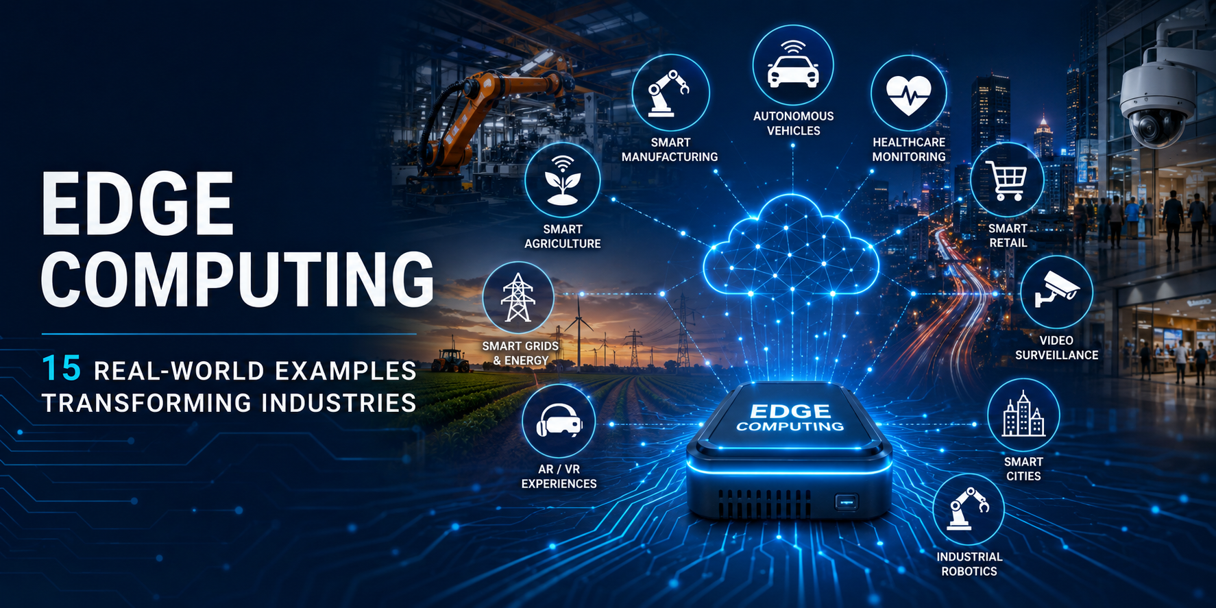 Futuristic illustration of edge computing technology connecting smart manufacturing, autonomous vehicles, healthcare, retail, agriculture, energy, smart cities, industrial robotics, video surveillance, and AR/VR through a central edge computing network.