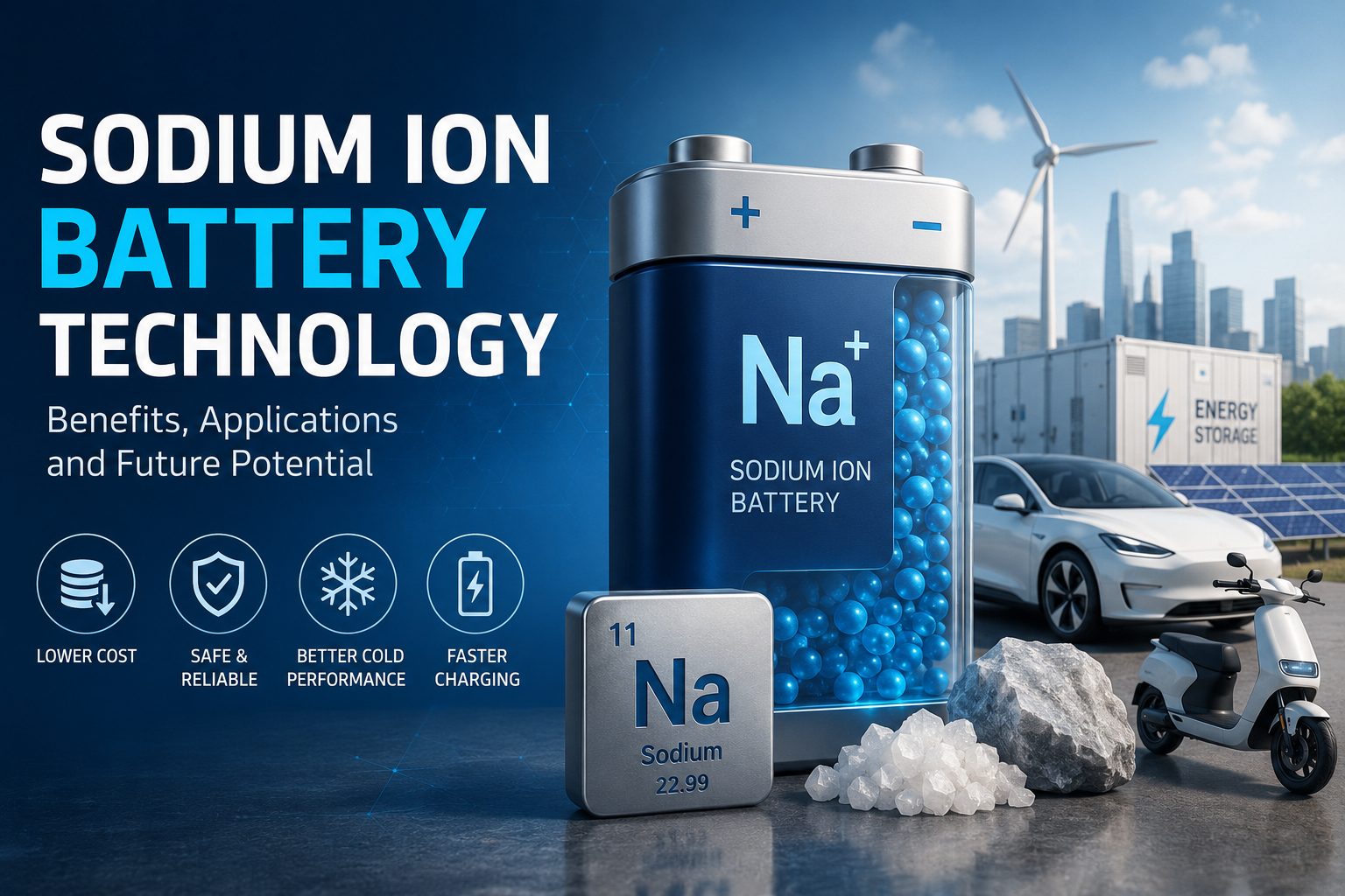 Sodium-ion battery technology concept showing a modern sodium-ion battery with electric vehicle, energy storage system, wind turbines, and solar panels representing sustainable energy, grid storage, and future battery innovation.