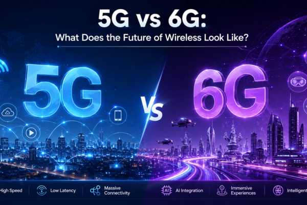 Futuristic banner comparing 5G and 6G wireless technology with connected smart cities, network towers, AI-powered devices, and digital connectivity illustrating the future of wireless communication.