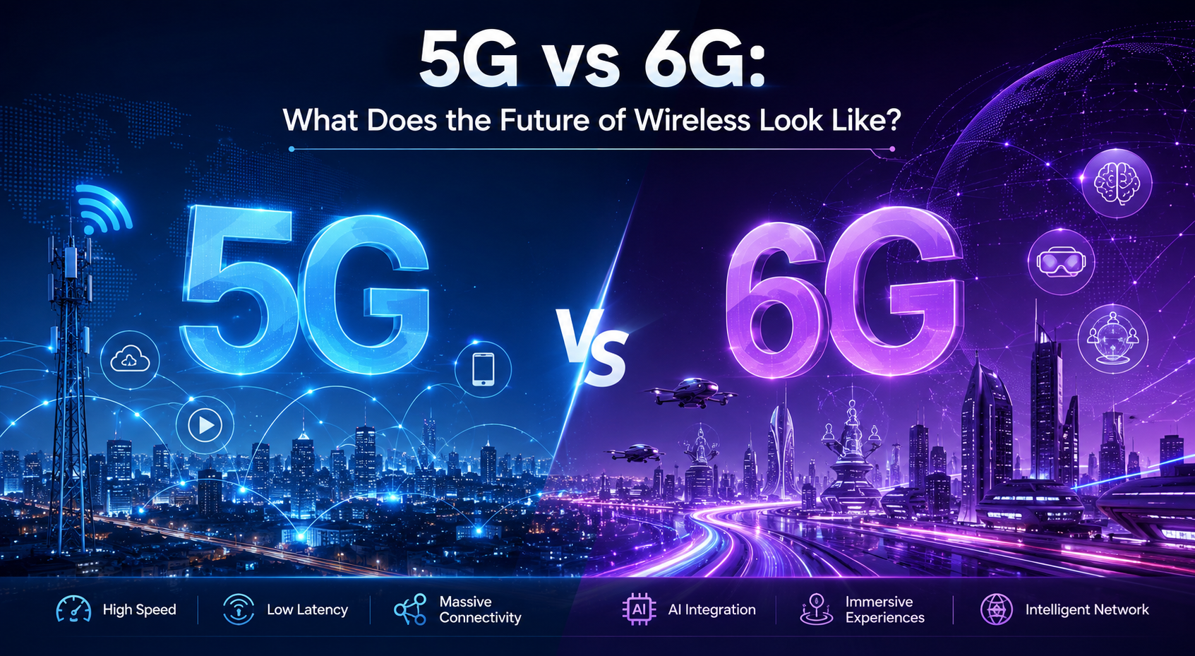 Futuristic banner comparing 5G and 6G wireless technology with connected smart cities, network towers, AI-powered devices, and digital connectivity illustrating the future of wireless communication.