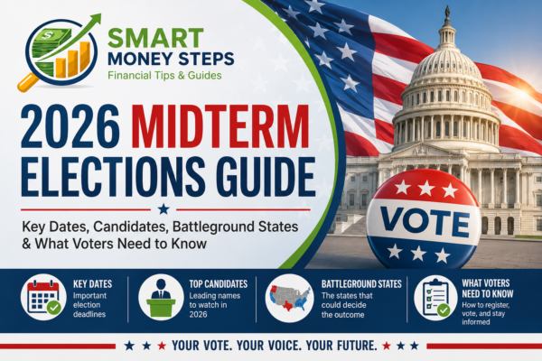 Banner featuring the U.S. Capitol, American flag, voting badge, and the Smart Money Steps logo with the title "2026 Midterm Elections Guide: Key Dates, Candidates, Battleground States & What Voters Need to Know."