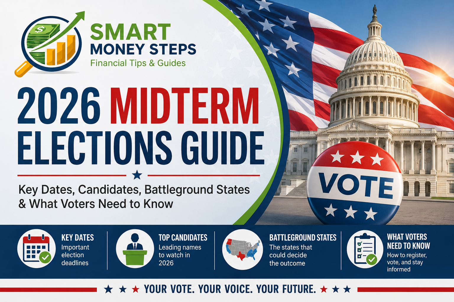 Banner featuring the U.S. Capitol, American flag, voting badge, and the Smart Money Steps logo with the title "2026 Midterm Elections Guide: Key Dates, Candidates, Battleground States & What Voters Need to Know."