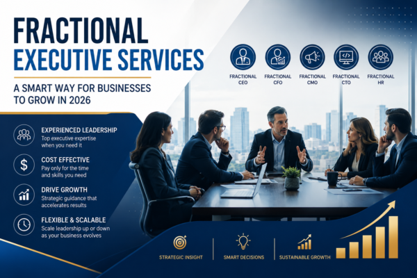 Professional business leaders in a modern boardroom discussing strategy, representing fractional executive services and cost-effective executive leadership for business growth in 2026.