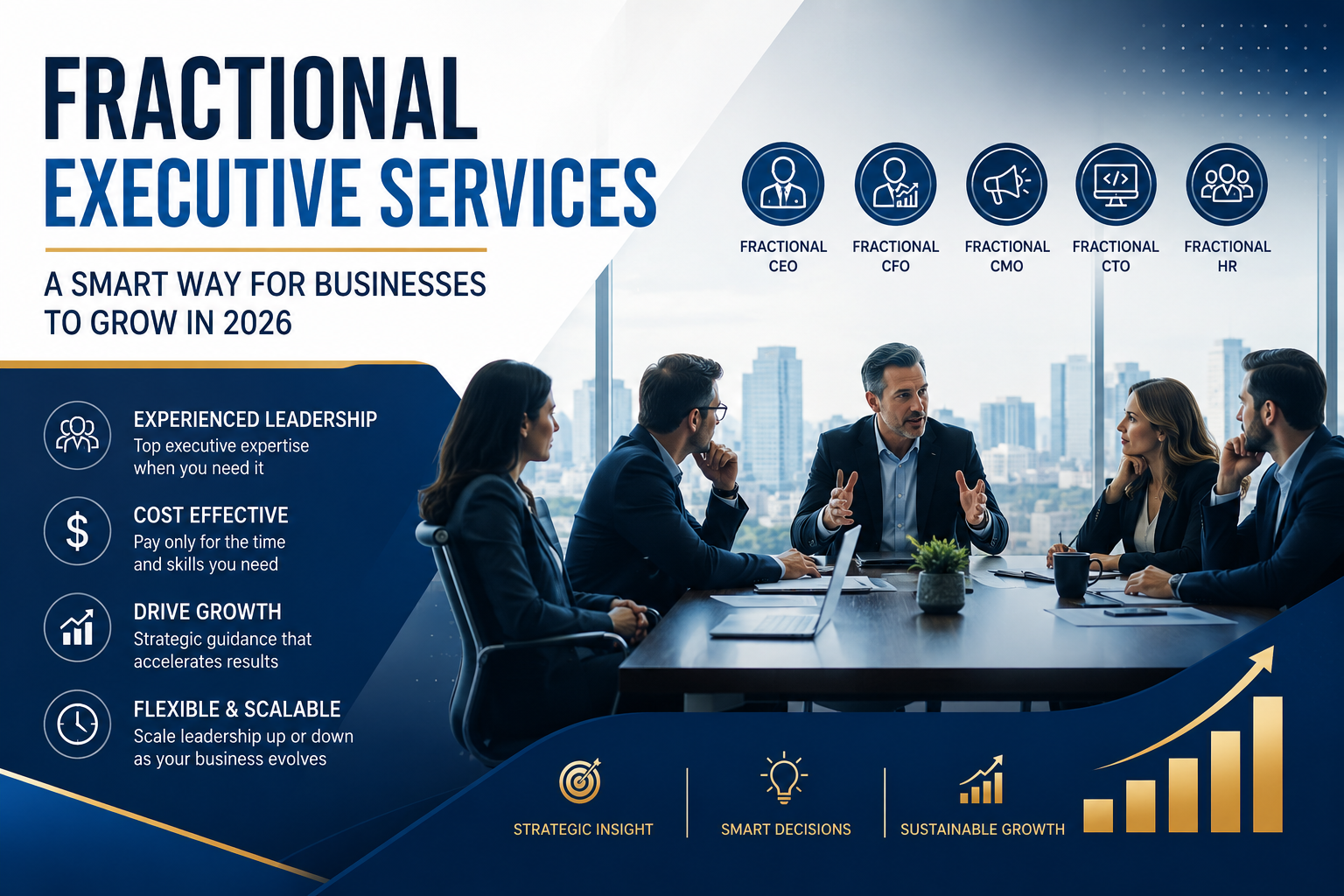 Professional business leaders in a modern boardroom discussing strategy, representing fractional executive services and cost-effective executive leadership for business growth in 2026.