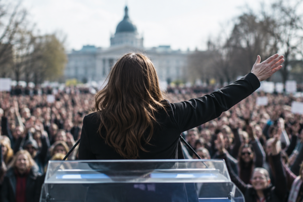 A large public gathering listening to a government leader, illustrating digital democracy, citizen participation, civic engagement, transparent governance, and the future of democratic decision-making in 2026.