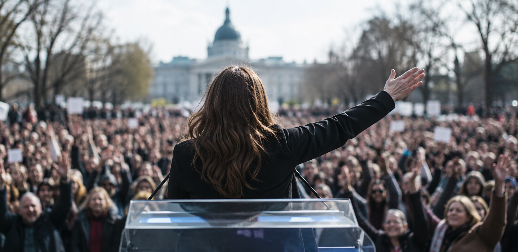 A large public gathering listening to a government leader, illustrating digital democracy, citizen participation, civic engagement, transparent governance, and the future of democratic decision-making in 2026.