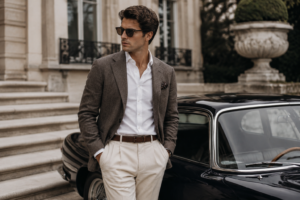 A stylish man wearing an old money aesthetic outfit with a tailored blazer, white trousers, and sunglasses, standing beside a classic luxury car in front of an elegant mansion.