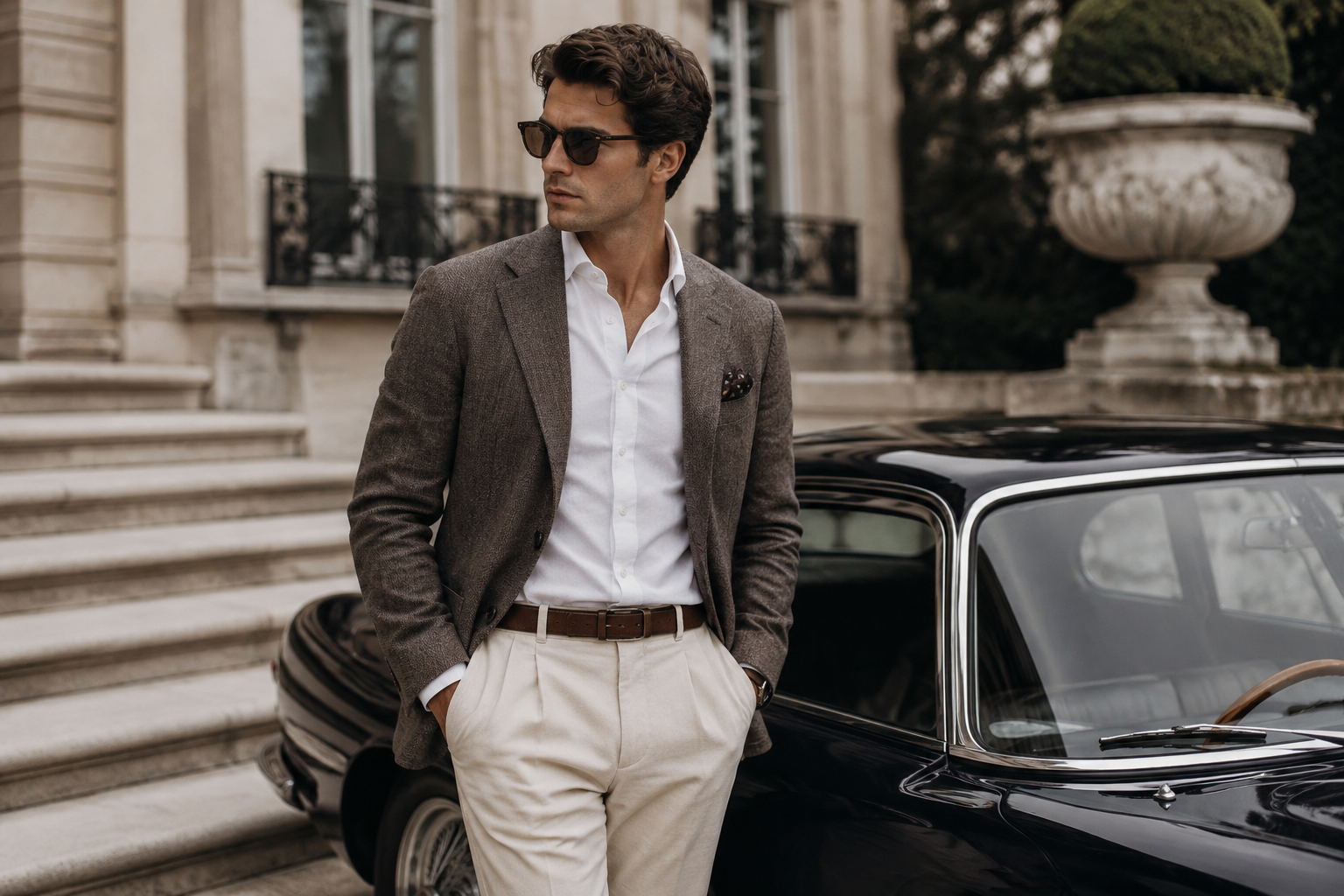 A stylish man wearing an old money aesthetic outfit with a tailored blazer, white trousers, and sunglasses, standing beside a classic luxury car in front of an elegant mansion.