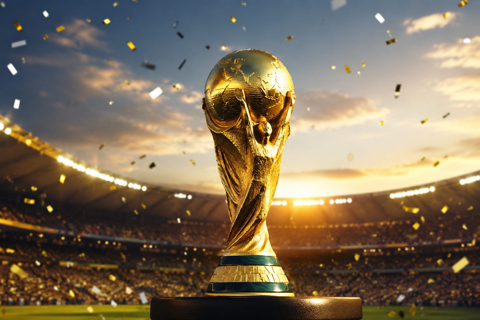 A realistic golden football championship trophy displayed on a pedestal inside a packed stadium during sunset with confetti falling, representing the 2026 FIFA World Cup favorites.