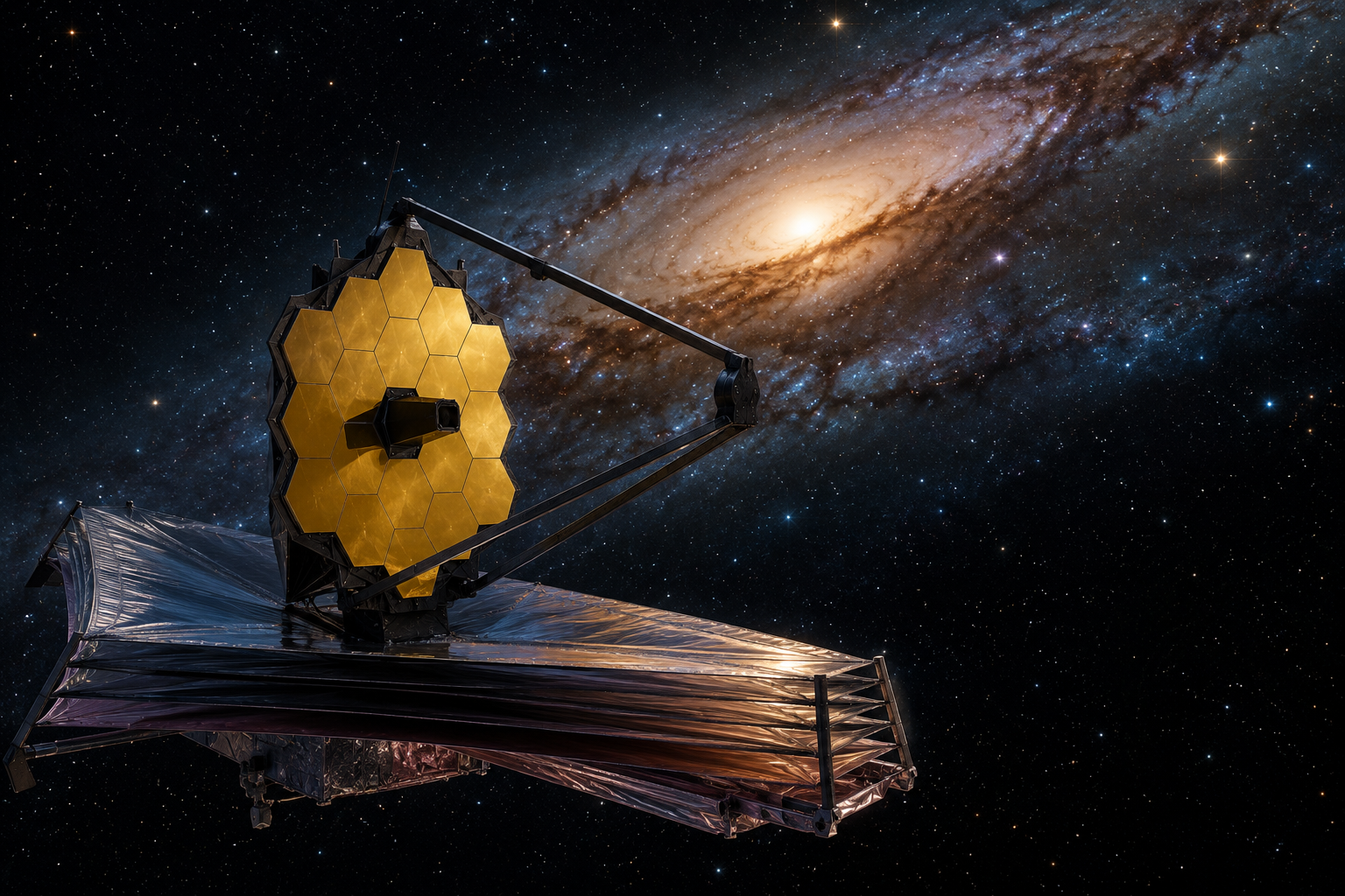 The James Webb Space Telescope floating in deep space with a glowing spiral galaxy and countless stars in the background, symbolizing groundbreaking discoveries in modern astronomy.
