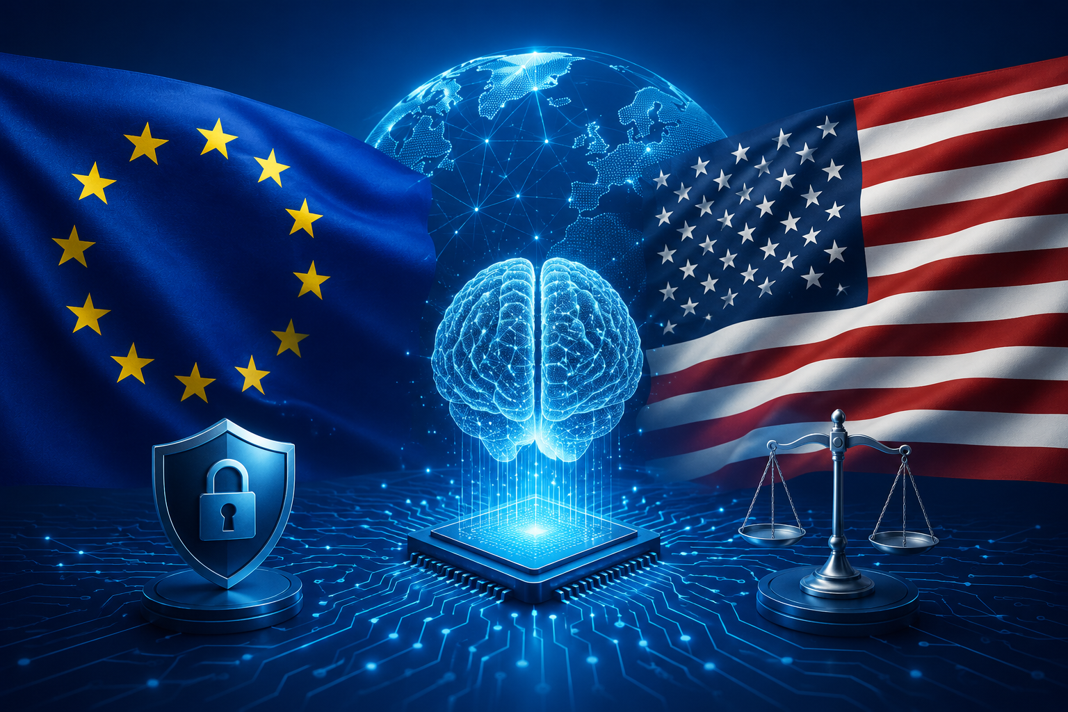 Digital illustration representing AI regulation with the European Union and United States flags, an AI brain, cybersecurity shield, justice scale, and global technology network.