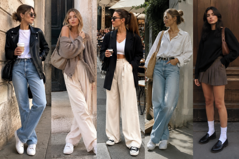 Stylish women wearing trendy aesthetic outfits featuring minimalist, streetwear, old money, and casual fashion styles in a modern urban setting.