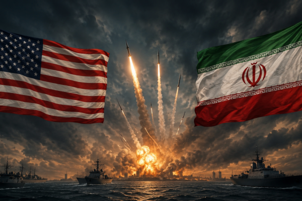 Dramatic banner showing U.S. and Iranian flags facing each other with naval warships, missile launches, and explosions over the sea, symbolizing the America Iran conflict 2026 and rising Middle East tensions.