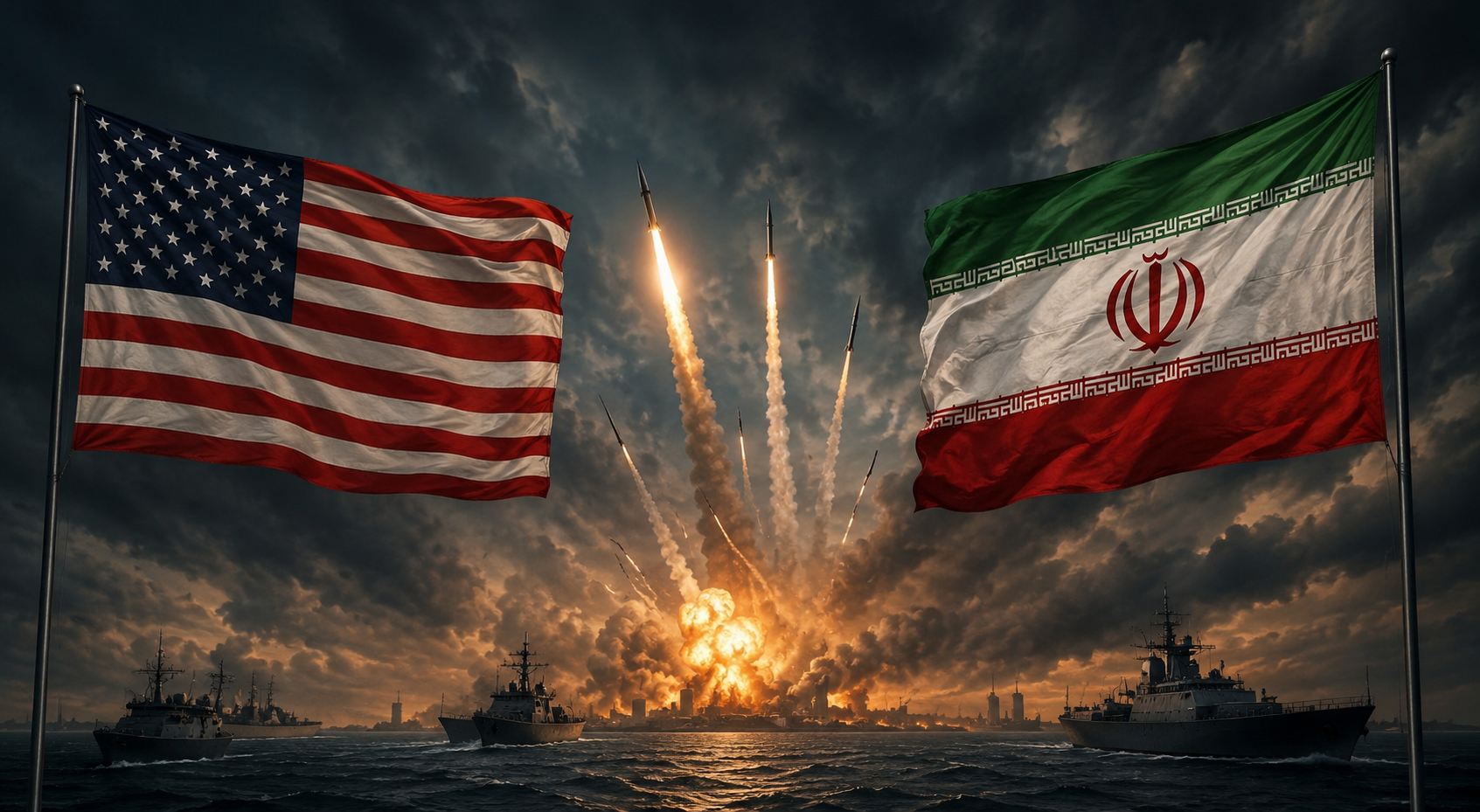 Dramatic banner showing U.S. and Iranian flags facing each other with naval warships, missile launches, and explosions over the sea, symbolizing the America Iran conflict 2026 and rising Middle East tensions.