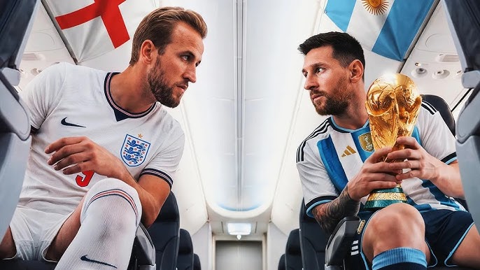 FIFA 2026 semi-final match banner showing Argentina and England players competing for a place in the World Cup Final.