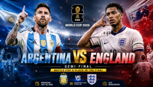 Argentina vs England FIFA World Cup 2026 semi-final banner featuring Lionel Messi and England's star player in a packed football stadium.