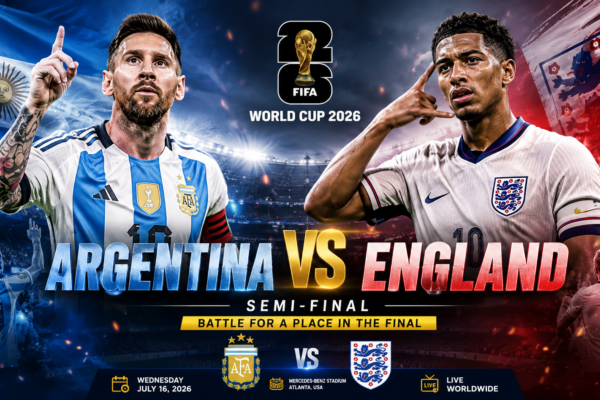 Argentina vs England FIFA World Cup 2026 semi-final banner featuring Lionel Messi and England's star player in a packed football stadium.