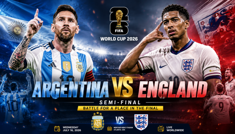 Argentina vs England FIFA World Cup 2026 semi-final banner featuring Lionel Messi and England's star player in a packed football stadium.