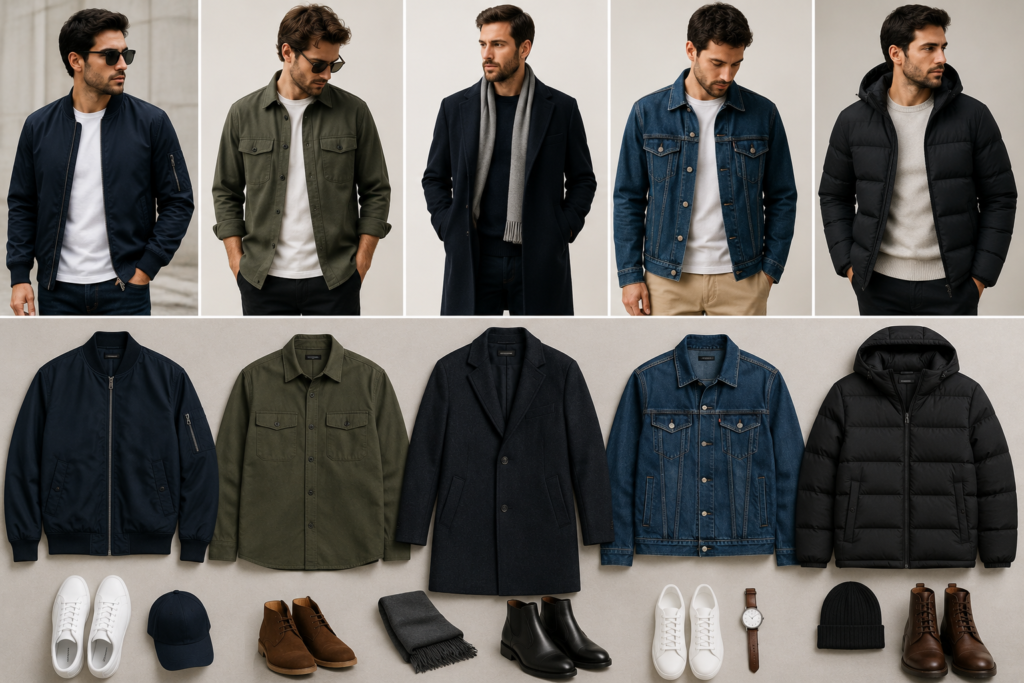Collection of timeless men's outerwear including a bomber jacket, overshirt, wool overcoat, denim jacket, and puffer jacket styled with neutral wardrobe essentials.