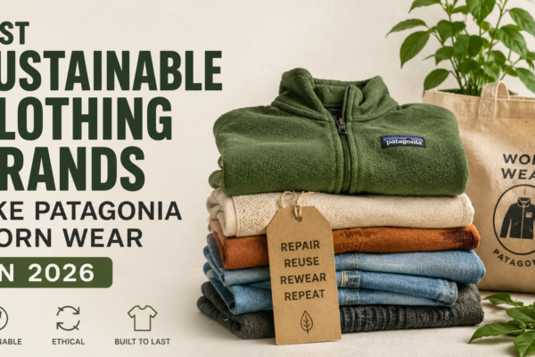 Eco-friendly clothing displayed with recycled outdoor apparel representing sustainable fashion brands and circular clothing practices.