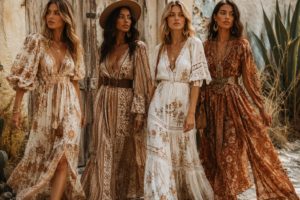 Women wearing elegant boho chic maxi dresses in earthy tones with flowing fabrics and modern bohemian style for 2026.
